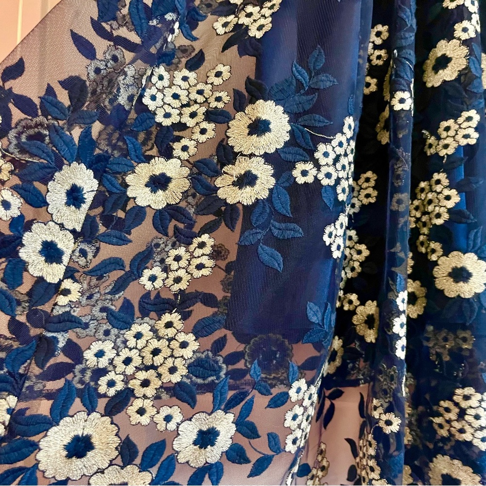 Tahari Elegant Sleeveless Dress with White Floral Embroidery over Deep Blue - Picture 7 of 14